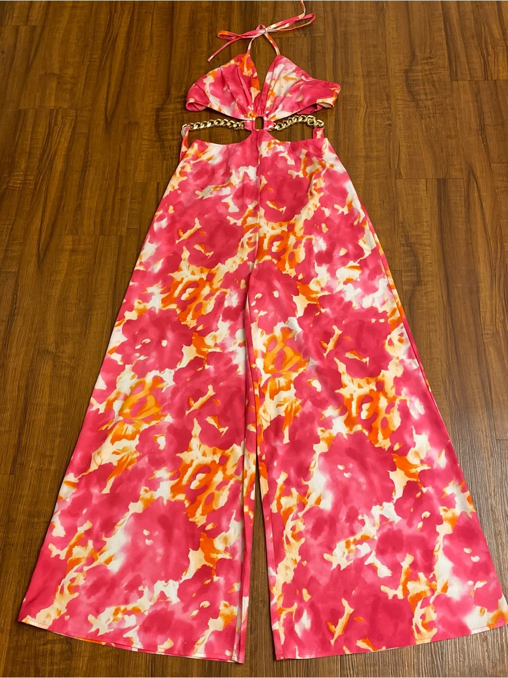Women’s Pink & Orange Halter Jumpsuit with Chain Detail
